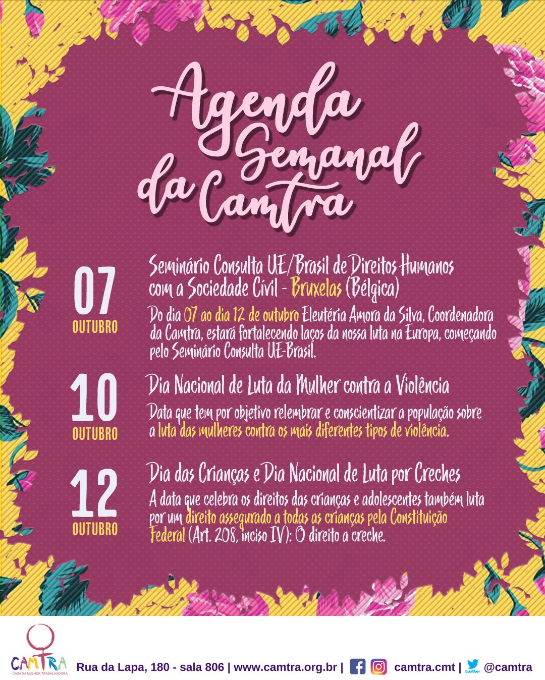 Você está visualizando atualmente Agenda Semanal da Camtra – 7 a 13 de Outubro